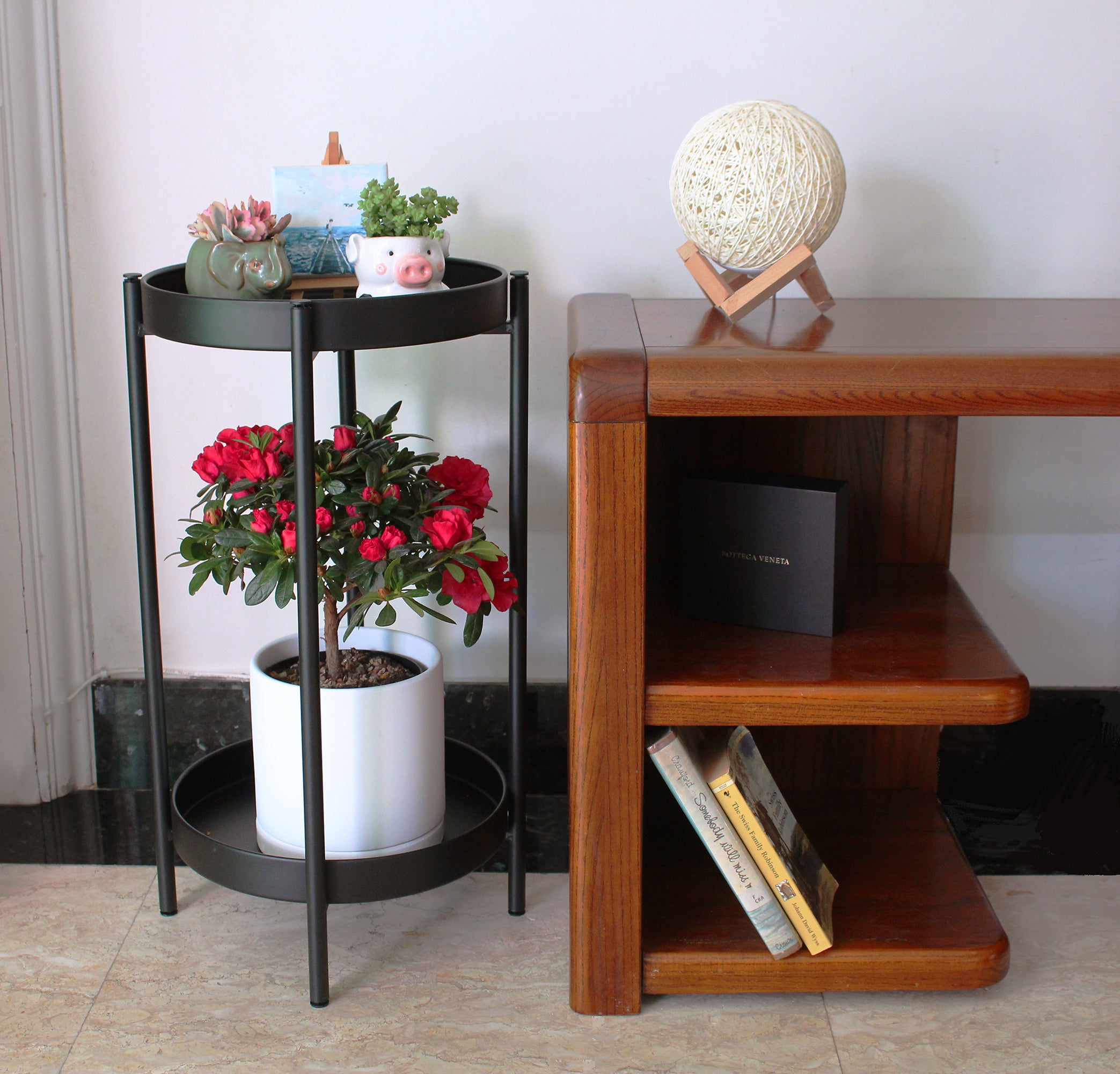 2 Tier Metal Plant Stand with Removable Plates, Powder-Coated-Steel Frame in Black Color